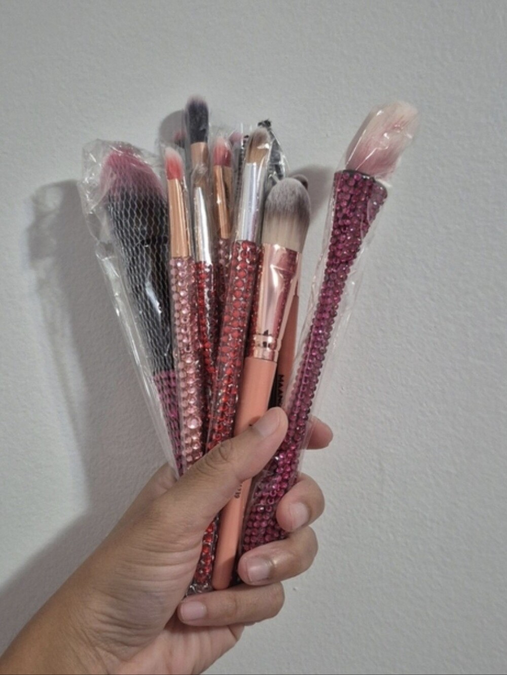 Set of 14 Red Rose Pink Black Rhinestone Eye Face Eyebrow Makeup Brush